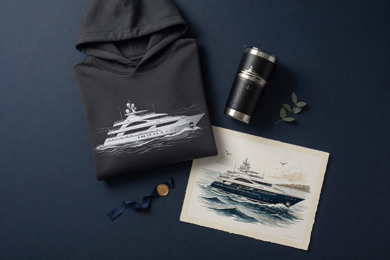 Charter guest gift package bundle (Captain’s Collection) isolated on #F5F1E7 cream background