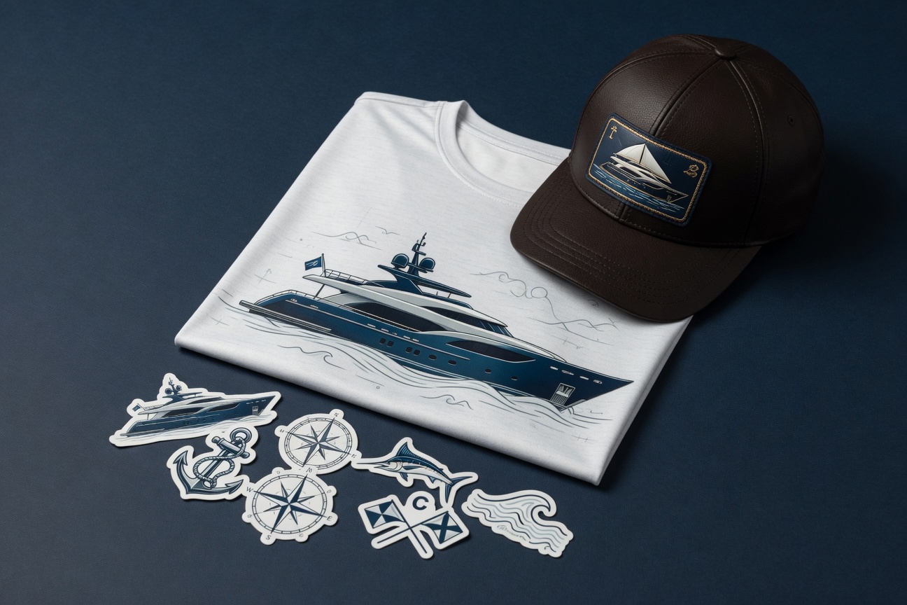 Example Welcome Aboard Set bundle: performance tee, leather hat patch, and waterproof stickers isolated on #F5F1E7 cream background