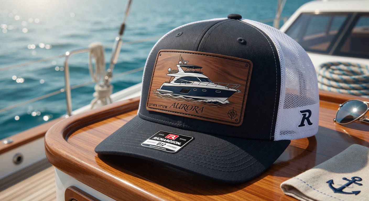 Custom laser engraved hat patch on premium headwear on a yacht