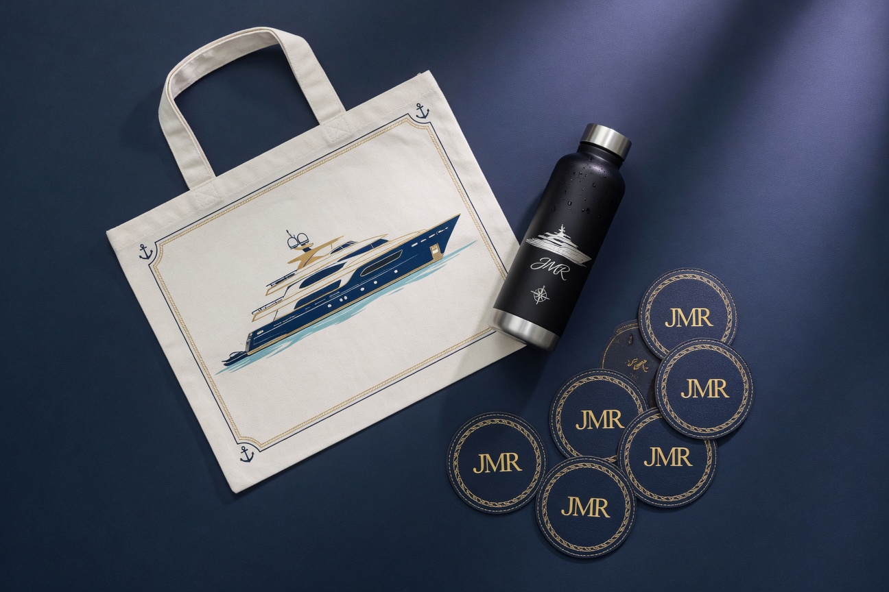 Example Arrival Welcome Kit bundle: custom illustration tote, engraved water bottle, and monogrammed coasters isolated on #F5F1E7 cream background