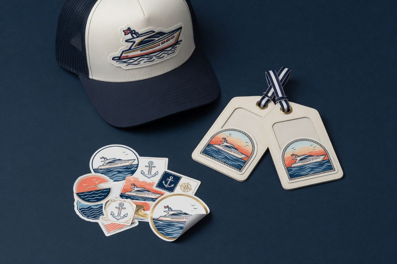 Example Departure Keepsake bundle: custom trucker hat, illustration luggage tags, and waterproof stickers isolated on #F5F1E7 cream background