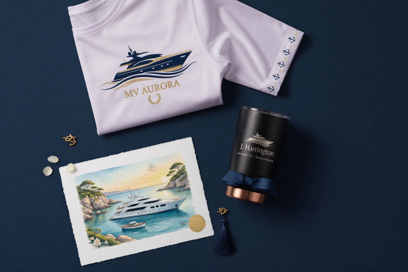 Guest welcome package bundle (Stateroom Essentials) isolated on #F5F1E7 cream background